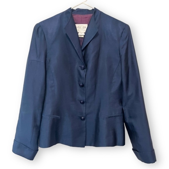 Oscar de la Renta Vintage Navy Blue Silk womens Blazer Evening Jacket - Picture 1 of 11